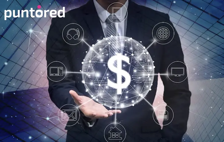 Ejecutivo financiero elegante con iconos digitales representando pagos inteligentes, inclusión financiera e innovación en Colombia.